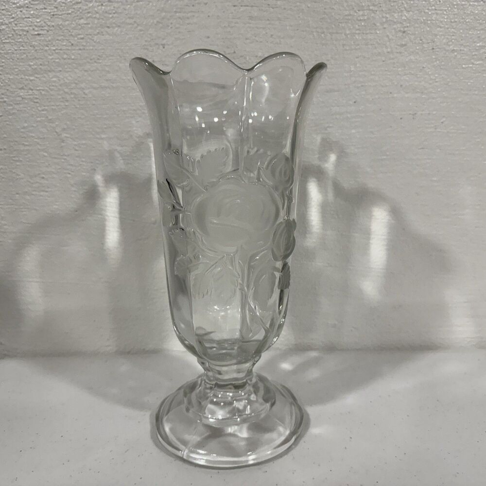 Vintage Clear Pressed Glass Footed Vase Frosted Rose Pattern Scalloped Rim